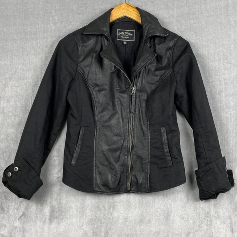 Lucky Brand Moto Jacket Womens XS Black Lamb Leather Mixed Media Baddie Alt‎